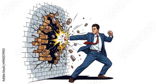 Businessman Breaking Through Brick Wall.