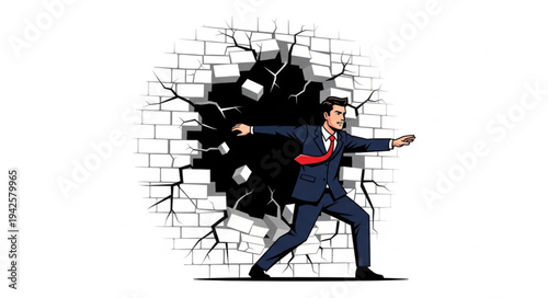 Businessman Breaking Through Brick Wall.