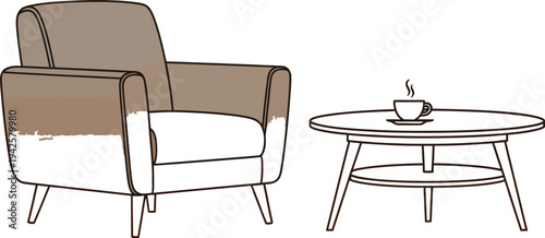 Cozy living room setup with comfortable chair and steaming cup of coffee on side table