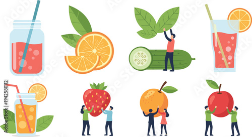 Fresh Fruit Juice Drinks and Giant Fruits with Tiny People Vector Illustration Set