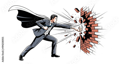 Businessman Breaking Through Brick Wall.