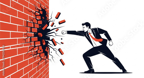 Man Breaking Through Brick Wall.