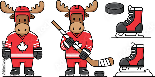 Cartoon Moose Ice Hockey Player Character and Equipment Vector Illustration Set