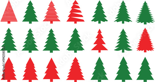 Set of red and green Christmas tree icons isolated on white background festive vector illustration collection