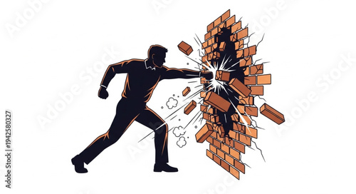 Man Breaking Through Brick Wall.