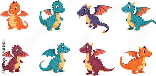 Cute Cartoon Dragon Characters Collection Fantasy Baby Dragons Vector Illustration Set