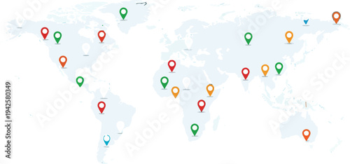 Global locations marked on modern world map with colorful pins