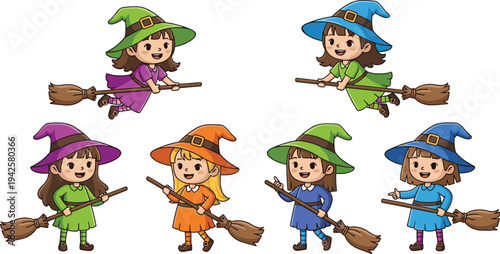Cute Little Witch Characters Flying on Broomsticks Halloween Cartoon Vector Set