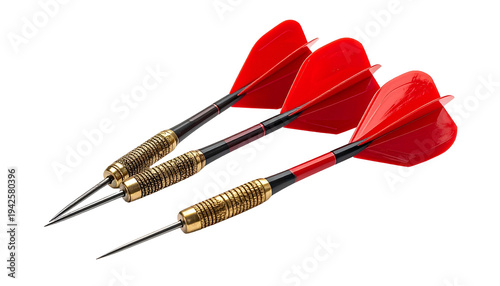 Three darts with red flights and brass barrels arranged on a black backdrop