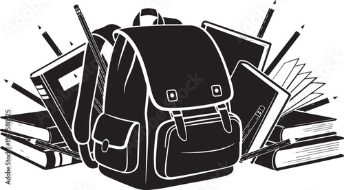Backpack with school supplies and books illustration