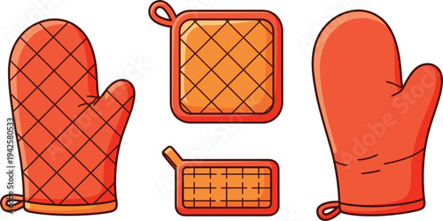 Kitchen Oven Mitts and Pot Holders Set Heat Resistant Cooking Gloves Vector Illustration