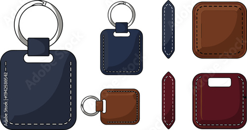 Leather Keychain and Tag Collection Key Ring Accessories Vector Illustration Set