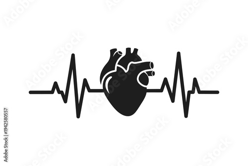 Black vector illustration of a human heart with an electrocardiogram line, symbolizing health and medical concepts in a simple, iconic design.