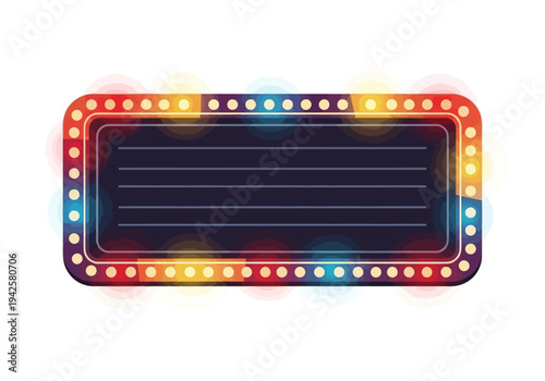 Retro marquee sign with colorful illuminated bulbs and blank dark area for text, vintage graphic