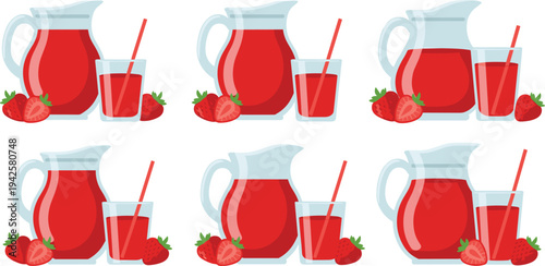 Strawberry Juice Pitcher and Glass Set with Fresh Strawberries Flat Vector Illustration