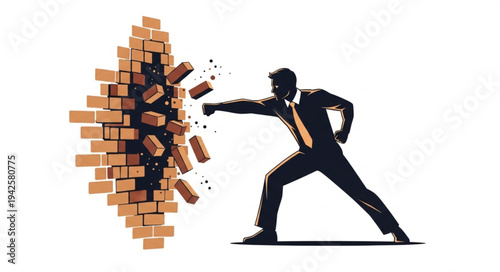 Businessman Breaking Through Brick Wall.