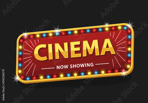 Cinema Now Showing Marquee Sign with Flashing Lights and Spotlight Effect