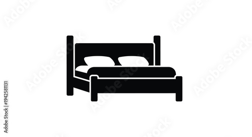 Simple black silhouette of a bed with pillows and bedding