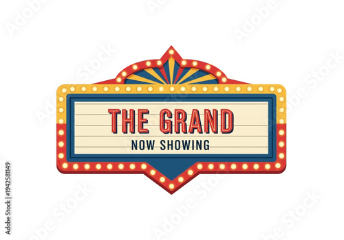 Retro marquee sign advertising 'THE GRAND' theater, displaying 'NOW SHOWING' with vibrant lights