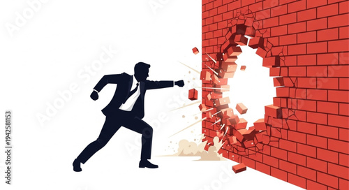 Businessman Breaking Through Brick Wall.