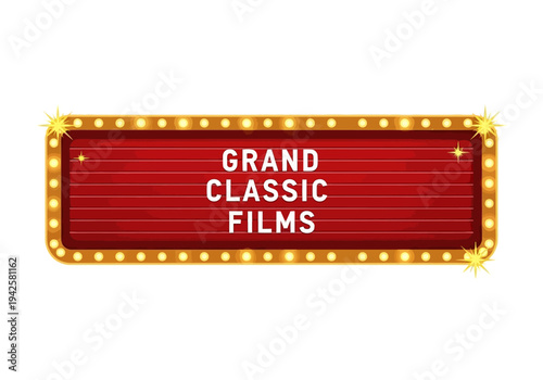Retro illuminated cinema marquee sign displaying the words GRAND CLASSIC FILMS, evoking a vintage movie theater experience