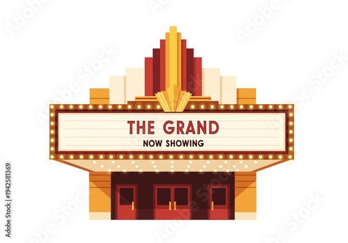 Grand marquee theater entrance with 'Now Showing' sign and vintage illuminated bulbs, classic movie house facade illustration