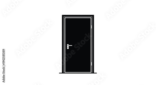 A stark black doorframe and door against a bright white background
