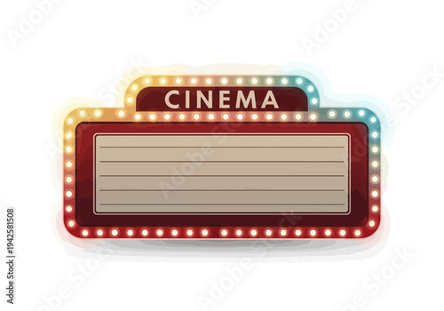 Illuminated vintage cinema marquee with empty sign for text and lightbulbs border