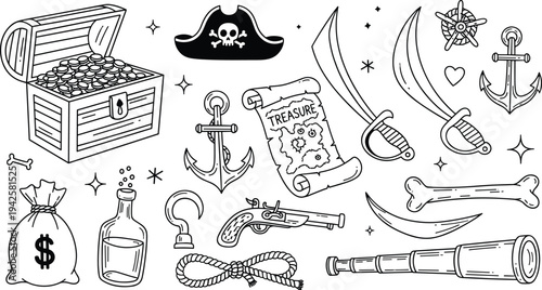 Set of pirate adventure icons featuring treasure chest map anchors swords and skull hat in black and white line art style for coloring.