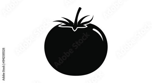 A simple black silhouette of a ripe tomato with stem and leaf details