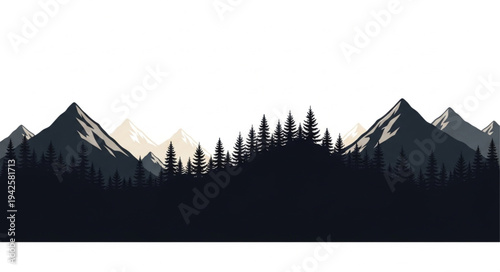 Mountain Range Silhouette with Trees.