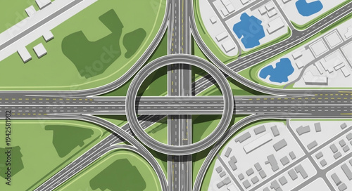 Aerial View of a Complex Highway Interchange with Circular Ramps.