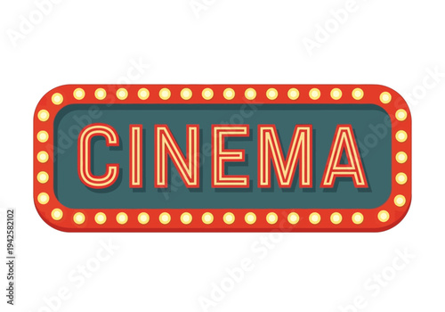 Illuminated CINEMA sign with vintage marquee bulbs, retro theater marquee sign glowing