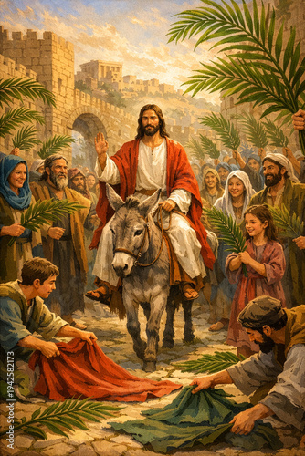 Jesus riding a donkey whilst entering Jerusalem on Palm Sunday and being welcome by the local townsfolk and disciples 