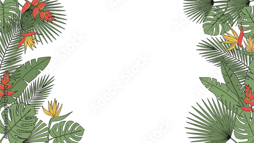 Tropical leaf pattern with colorful flowers on a white background, featuring various green leaves and vibrant blooms in a decorative border.