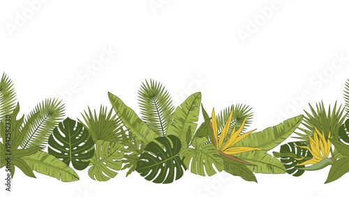 A vibrant arrangement of tropical leaves in various shades of green and yellow against a clean white background.