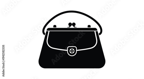A simple black and white illustration of a vintage handbag