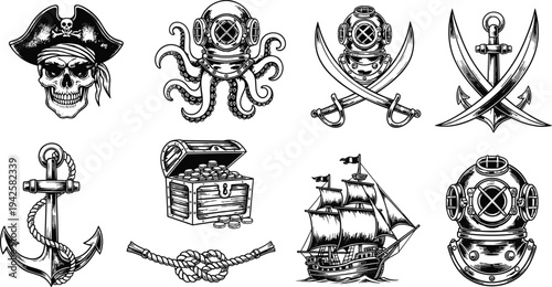 Vintage Pirate and Nautical Symbols Collection Skull Anchor Ship Vector Set