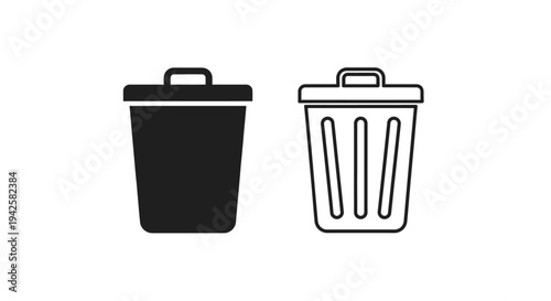 Two trash cans depicted in contrasting black fill and white outline styles