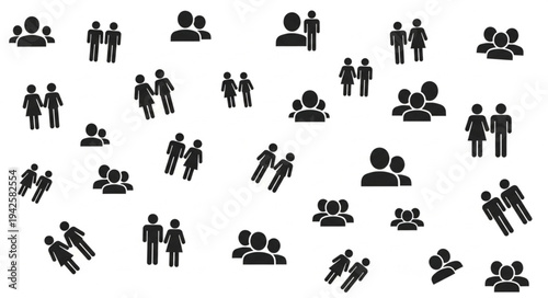 Collection of Black Silhouette People Icons on White Background.