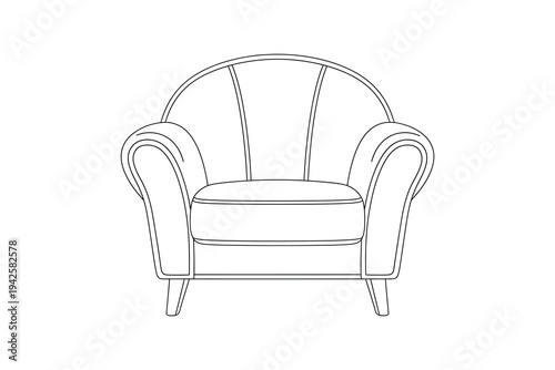 Detailed line drawing of a classic armchair with curved back and arms, isolated on white background for interior design and furniture concepts.
