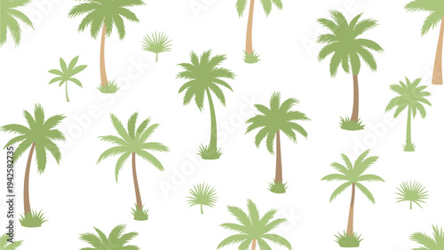 Illustration of various green palm trees in different sizes and styles on a white background with a natural and serene mood.