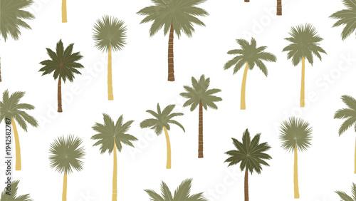 A flat lay illustration of various palm trees in different shades of green and brown against a clean white background.