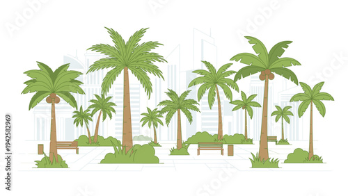 Flat illustration of multiple palm trees on small grassy mounds against a white background with subtle gray grid lines.