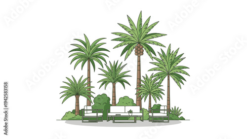 Illustration of a tropical island with palm trees and greenery on a white background, featuring a flat design with vibrant green hues.