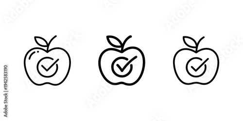 Healthy choice symbol, apple with check mark icon, healthy food sign in various styles, checkmark within apple outline, healthy eating concepts
