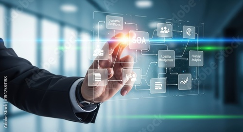 Hand of Business Man Operating Virtual Business Process in Service Oriented Architecture Approach for Technology
