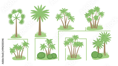 A graphic illustration of various palm tree designs on a white background with green outlines and boxes.