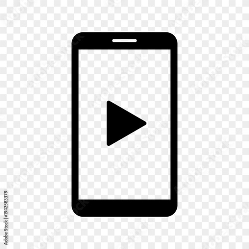 Smartphone video icon. Mobile player Vector. Black phone symbol. Gray checkered transparent grid background image style.