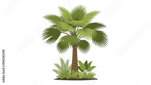 A single palm tree with lush green fronds and a brown trunk surrounded by smaller plants against a plain white background.